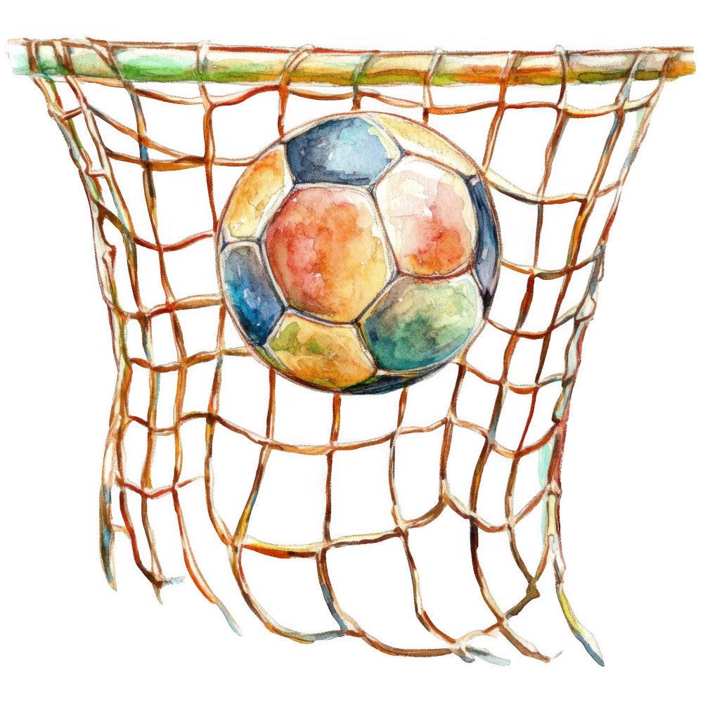 soccer ball, sports, goal net, watercolor, multicolor, red, blue, yellow, orange, green, rust, tan, beige, athletic, sports themed, children's, kids, playful, whimsical, illustration, painted, artistic, casual, fun, soccer theme, goal post, sports equipment, game day, youth sports