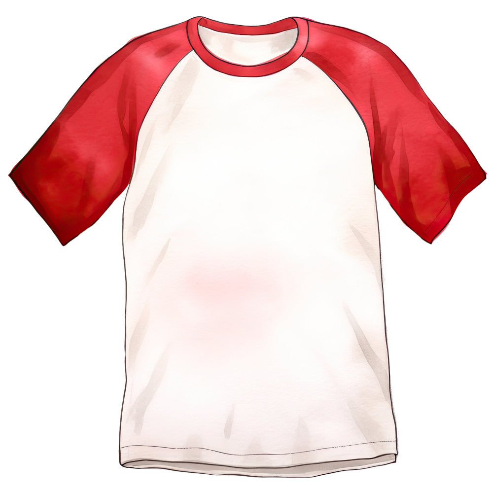 red and white, raglan sleeve, baseball tee, color block, two-tone, red sleeves, white body, casual wear, t-shirt panel, apparel fabric, unisex style, classic design, simple graphic, blank canvas, crew neck, short sleeve, sporty, retro style, vintage inspired, americana, bold contrast, bright red, cream white, contemporary, minimalist, youth fashion, streetwear
