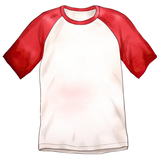 red and white, raglan sleeve, baseball tee, color block, two-tone, red sleeves, white body, casual wear, t-shirt panel, apparel fabric, unisex style, classic design, simple graphic, blank canvas, crew neck, short sleeve, sporty, retro style, vintage inspired, americana, bold contrast, bright red, cream white, contemporary, minimalist, youth fashion, streetwear