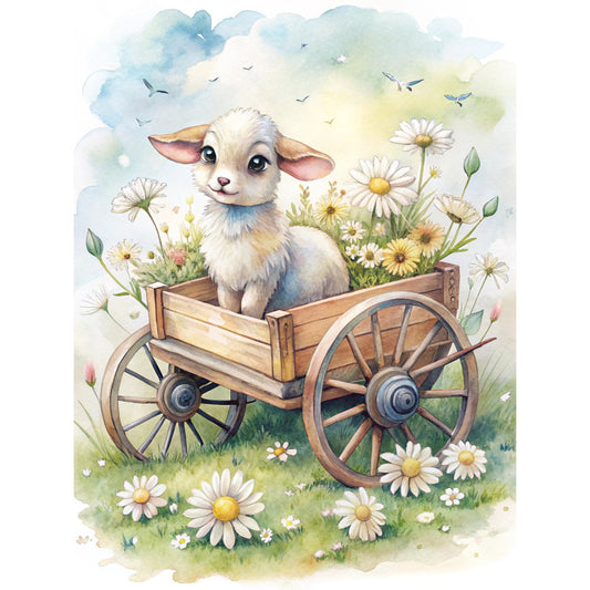 lamb, sheep, wooden wagon, white daisies, watercolor style, pastel blue, cream white, soft yellow, wildflowers, meadow scene, baby animal, wooden wheels, spring flowers, gentle expression, fabric panel, quilting cotton, nursery theme, pastoral scene, soft colors, whimsical illustration