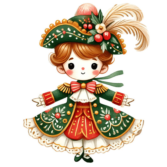 forest green, gold, red, cream, coral pink, brown, holiday, christmas, victorian, whimsical, festive, nutcracker, soldier, doll, decorative, elegant, vintage, traditional, floral, berries, holly, feathers, ornamental, embellished, children's, winter, nostalgic, baroque, detailed, embroidered look