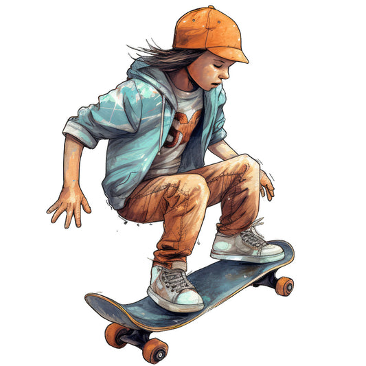 skateboard, boy, child, youth, sports, action, turquoise, orange, rust, brown, tan, cream, teal, illustrative, modern, contemporary, casual, cool, urban, street culture, hobby, recreation, energetic, dynamic, artistic, graphic, realistic, watercolor style, kids decor, juvenile