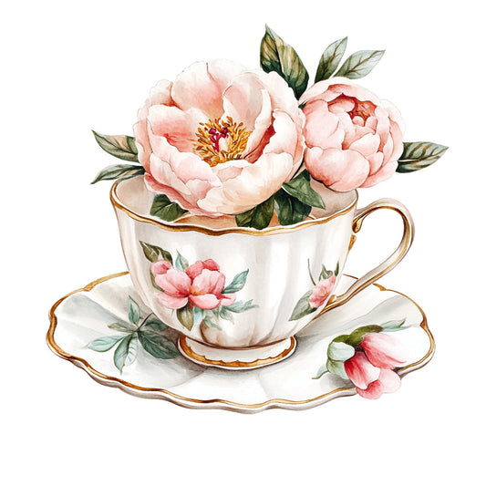 blush pink, coral pink, cream, gold trim, floral, peonies, roses, vintage, elegant, botanical, spring, summer, tea cup, teacup, saucer, garden flowers, romantic, traditional, cottage core, feminine, delicate, nature, botanical print, antique, shabby chic, classic, timeless, table runner, home decor