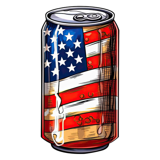 american flag, patriotic, stars, red white blue, striped, beverage can, beer can, novelty, americana, fourth of july, independence day, vintage americana, retro, pop art, whimsical, fun, humorous, metallic accents, gold accents, navy blue, white stripes, crimson red, themed print, drink themed, kitchen decor, home décor, novelty print, casual style