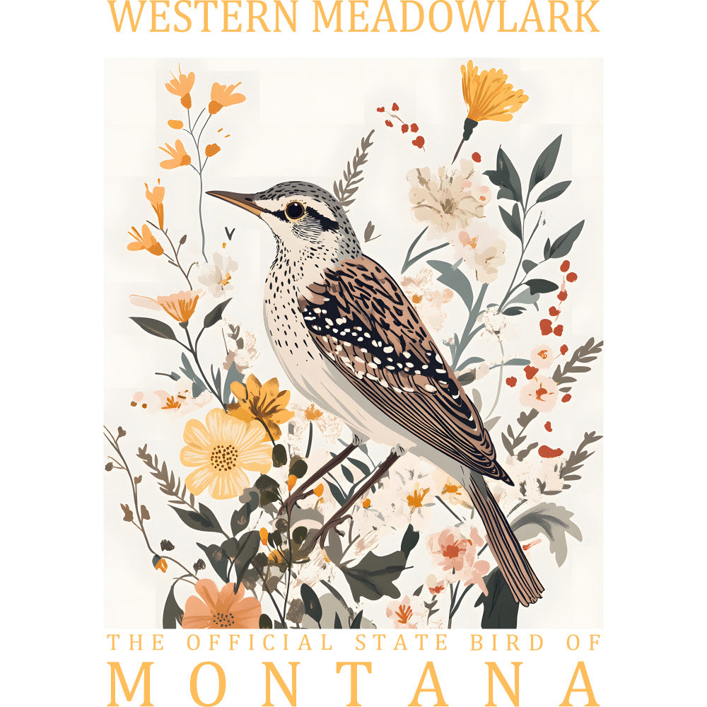 western meadowlark, montana state bird, bird illustration, botanical flowers, orange blooms, cream background, nature scene, wildlife art, floral wreath, speckled feathers, watercolor style, fabric panel, quilting cotton, spring flowers, meadow plants, soft pastels, decorative birds, botanical art, nature motifs, wildflowers