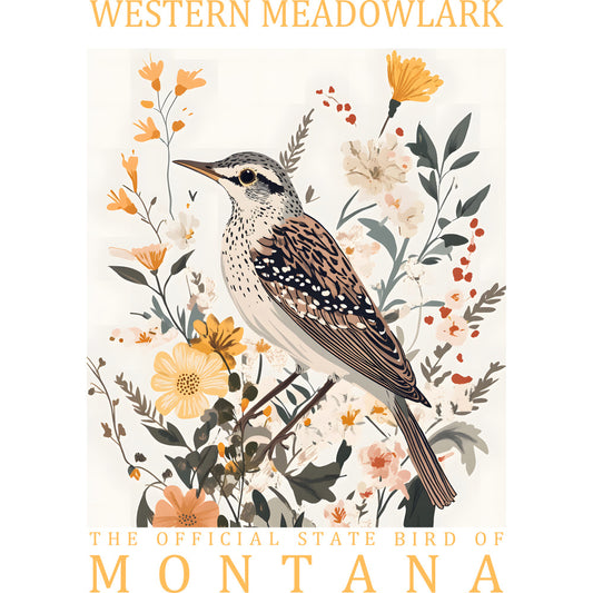 western meadowlark, montana state bird, bird illustration, botanical flowers, orange blooms, cream background, nature scene, wildlife art, floral wreath, speckled feathers, watercolor style, fabric panel, quilting cotton, spring flowers, meadow plants, soft pastels, decorative birds, botanical art, nature motifs, wildflowers