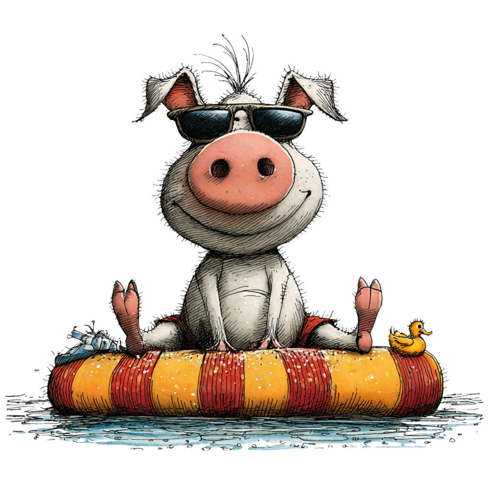 cute pig, whimsical, children's, animal, farm animals, pool float, summer, water, playful, silly, funny, sunglasses, cool pig, farmhouse, rustic, yellow, orange, red, coral pink, gray, blue water, duck, striped, inflatable, beach theme, kids fabric, novelty, humorous, lighthearted