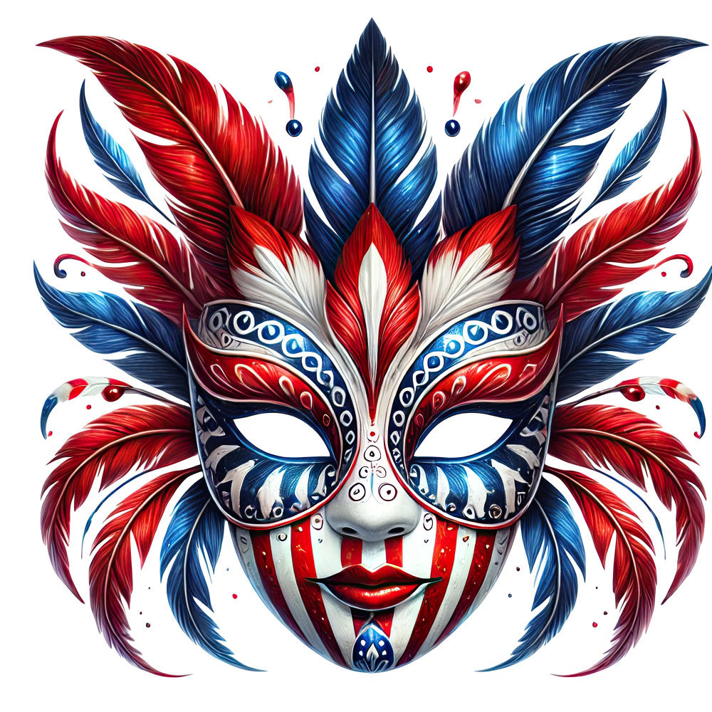 red, white, navy blue, feather, mask, carnival, masquerade, venetian, mardi gras, ornate, decorative, ornamental, baroque, elegant, whimsical, fantasy, theatrical, jewel tones, symmetrical, ornate patterns, scroll work, detailed design, bold colors, dramatic, sophisticated, costume, festive, celebration themed, artistic