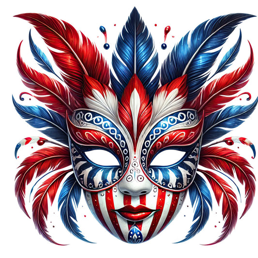 red, white, navy blue, feather, mask, carnival, masquerade, venetian, mardi gras, ornate, decorative, ornamental, baroque, elegant, whimsical, fantasy, theatrical, jewel tones, symmetrical, ornate patterns, scroll work, detailed design, bold colors, dramatic, sophisticated, costume, festive, celebration themed, artistic