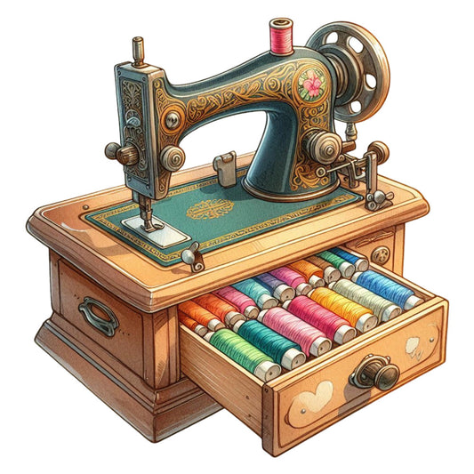 vintage sewing machine, teal, cream, gold, coral pink, thread spools, sewing theme, retro, steampunk, antique, whimsical, nostalgic, crafting, sewing notions, wooden base, decorative, elegant, traditional, floral embellishment, ornamental, hobby themed, arts and crafts, vintage inspired, home decor, multi-color thread, cottage core, timeless, collectible