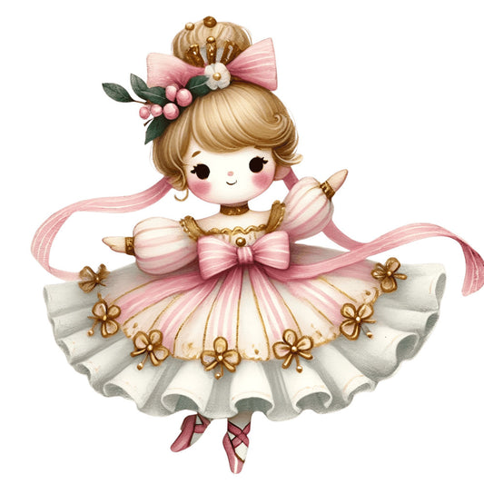blush pink, dusty rose, soft gold, cream, ivory, ballet dancer, ballerina, tutu, feminine, whimsical, vintage, elegant, cute character, girl, princess, floral crown, berries, botanical, spring, pastel, romantic, delicate, decorative bows, ribbons, ballet shoes, dancing girl, storybook illustration, children's, nursery, baby girl