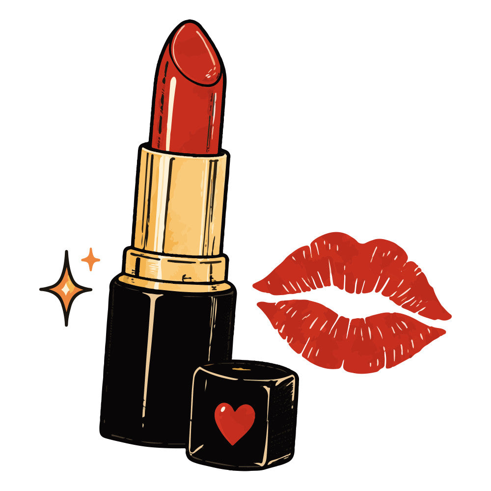 red lipstick, gold trim, black base, lips print, heart motif, beauty themed, glamorous, feminine, cosmetics, makeup, fashion, elegant, vintage style, retro, sparkle stars, beauty products, red lips kiss mark, luxury, sophisticated, modern feminine, gift worthy, valentine, romance, special occasion, dressy, chic, bold colors, statement print