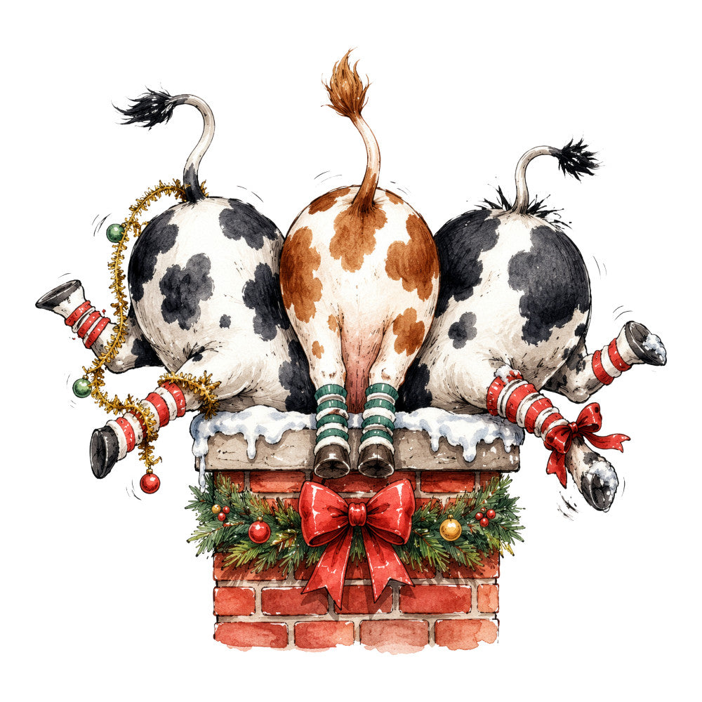 chimney sweep cows, black and white spotted cows, brown and white cows, holiday cows, christmas cows, festive farm animals, cow illustration, whimsical animals, farmhouse style, rustic farmhouse, country theme, holiday farmyard, christmas animals, brick chimney, red brick, cream white, charcoal black, rust brown, red and green, gold accents, whimsical style, playful design, children's illustration, festive theme, christmas fabric, holiday panel, farm animals, cute cows, decorative panel, winter holiday