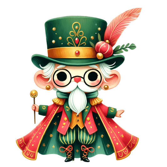 forest green, red, gold, coral pink, white, whimsical, holiday, christmas, nutcracker, vintage, elegant, festive, jolly, gnome, bearded character, top hat, feather, ornamental, decorative, winter, seasonal, magical, storybook, traditional, formal wear, character panel, children's, fancy dress, theatrical, victorian