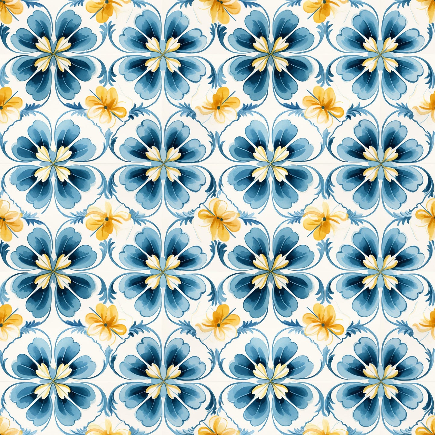 Blue Handpainted Tiles Pattern 3 Quilting Cotton Fabric