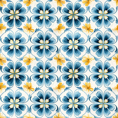 Blue Handpainted Tiles Pattern 3 Quilting Cotton Fabric