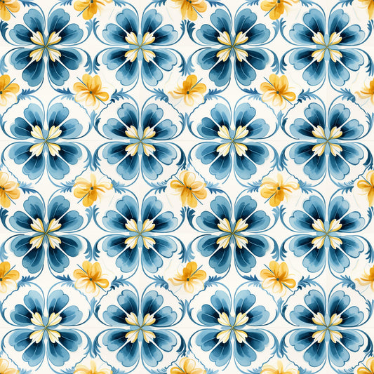 Blue Handpainted Tiles Pattern 3 Quilting Cotton Fabric
