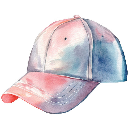 baseball cap, cap, hat, watercolor, tie dye, pastel pink, dusty blue, coral pink, lavender, watercolor painting, abstract, whimsical, soft colors, blended colors, ombre, artistic, hand painted, gradient, sports theme, casual wear, accessories, children's theme, nursery, playful, soft aesthetic, dreamy, gentle colors, illustrative, storybook style, whimsy