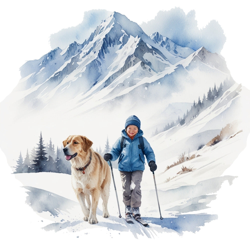 watercolor style, winter landscape, snow-covered mountains, child skier, golden retriever, blue jacket, knit hat, skiing poles, evergreen trees, snowy peaks, fabric panel, quilting cotton, winter sports, mountain scene, dog companion, outdoor adventure, soft blues, cream white, golden brown, misty atmosphere