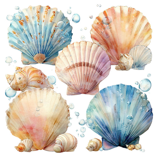 seashell, ocean, nautical, coastal, beach, watercolor, pastel, coral pink, dusty rose, soft blue, aqua blue, navy blue, cream, gold, peach, shells, bubbles, sea life, marine, whimsical, elegant, soft, delicate, summer, spring, coastal decor, beach theme, nature, underwater, dreamy