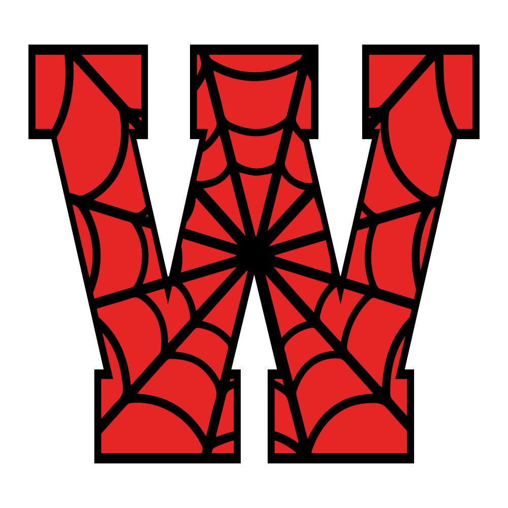 red, black, spider web, alphabet letter, geometric pattern, web design, radial lines, comic book style, superhero theme, fabric panel, quilting cotton, bold colors, graphic design, pop art style, children's fabric, novelty print, spider motif, angular lines, bright red, contrasting colors
