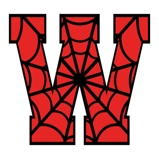 red, black, spider web, alphabet letter, geometric pattern, web design, radial lines, comic book style, superhero theme, fabric panel, quilting cotton, bold colors, graphic design, pop art style, children's fabric, novelty print, spider motif, angular lines, bright red, contrasting colors