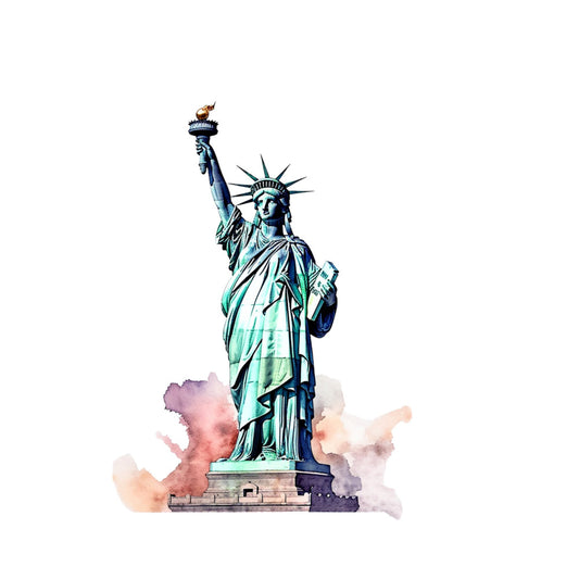 statue of liberty, patriotic, american, landmarks, monument, copper green, patina blue, light blue, cream, watercolor, aquarelle, torch, crown, tablet, neoclassical, iconic, historical, vintage americana, independence day, fourth of july, travel themed, architectural, traditional, elegant, sophisticated, inspirational, freedom, liberty, united states, new york