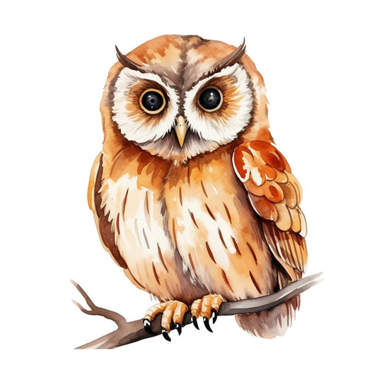 watercolor owl, fabric panel, orange, brown, cream, white, black eyes, feather details, branch perch, bird illustration, soft colors, nature theme, wildlife art, quilting panel, cotton fabric, painterly style, realistic owl, earth tones, decorative panel, craft fabric