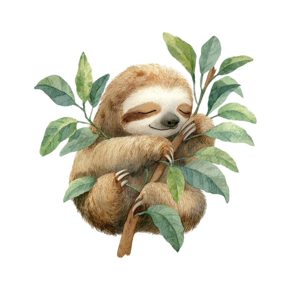 sloth, sleeping sloth, cute animals, woodland animals, nature themed, sage green, olive green, tan, brown, cream white, soft colors, whimsical, gentle, peaceful, relaxing, forest, tree branch, leaves, foliage, animal illustration, children's, nursery, baby friendly, sweet, serene, botanical, nature lover, kids fabric, storybook style, charming