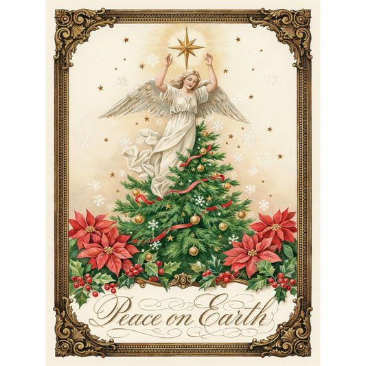 christmas, holiday, angel, peace on earth, vintage, traditional, elegant, poinsettia, christmas tree, gold ornaments, red ribbons, snowflakes, stars, celestial, cream, forest green, red, gold, ivory, religious, spiritual, nostalgic, victorian, decorative, festive, winter, nativity, wall hanging, greeting card, seasonal