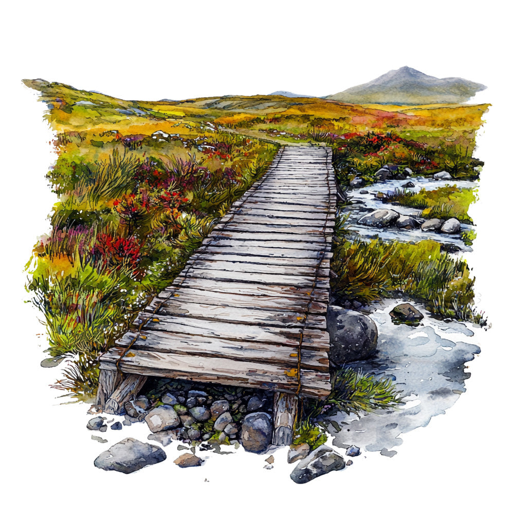 watercolor landscape, wooden boardwalk, mountain vista, autumn colors, golden yellow, moss green, rustic brown, flowing stream, wildflowers, hiking trail, nature scene, outdoor adventure, scenic pathway, rolling hills, fabric panel, quilting cotton, wilderness theme, earth tones, botanical illustration, peaceful countryside