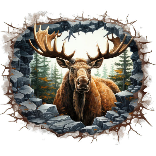 moose, antlers, brown, tan, golden, gray, forest, evergreen trees, pine trees, rocky cave, breaking through, 3d effect, trompe l'oeil, wildlife, nature scene, fabric panel, quilting cotton, realistic art, woodland theme, autumn colors