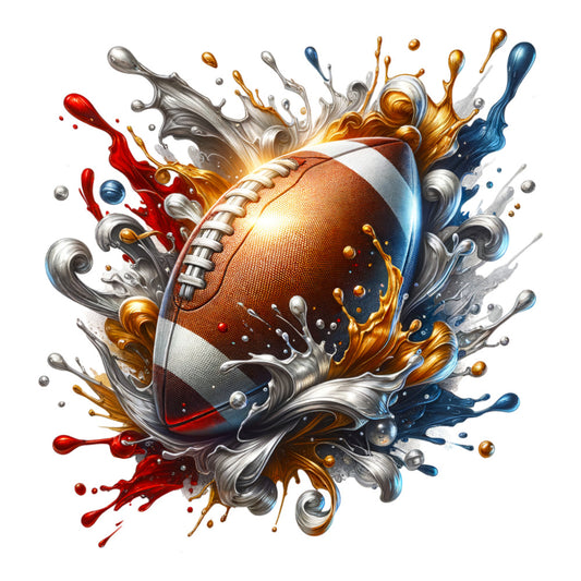 watercolor football, splash effects, brown leather, white laces, red splashes, blue splashes, gold accents, silver swirls, dynamic motion, paint drops, sports theme, fabric panel, quilting cotton, athletic design, energetic style, colorful bursts, artistic rendering, liquid paint, football illustration, vibrant colors
