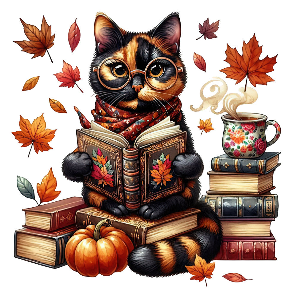 autumn cat, fall leaves, orange pumpkin, burnt orange, black cat, calico cat, reading cat, literary cat, whimsical cat, vintage books, stacked books, cozy reading, fall aesthetic, maple leaves, rust red, golden yellow, warm tones, tea cup, steaming mug, floral mug, cat with glasses, scholarly cat, autumn theme, fall harvest, pumpkins, leaf motifs, seasonal fabric, cozy autumn, bookish, literary theme