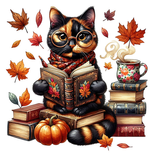 autumn cat, fall leaves, orange pumpkin, burnt orange, black cat, calico cat, reading cat, literary cat, whimsical cat, vintage books, stacked books, cozy reading, fall aesthetic, maple leaves, rust red, golden yellow, warm tones, tea cup, steaming mug, floral mug, cat with glasses, scholarly cat, autumn theme, fall harvest, pumpkins, leaf motifs, seasonal fabric, cozy autumn, bookish, literary theme