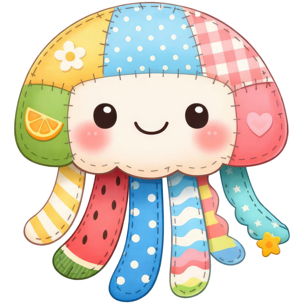 jellyfish, cute, whimsical, colorful, pastel, yellow, blue, pink, coral pink, sky blue, soft green, lime green, polka dots, stripes, checkered, plaid, hearts, flowers, stars, playful, child-friendly, nursery, baby, springtime, cheerful, patchwork, kawaii, embroidered look, decorative motifs, children's theme