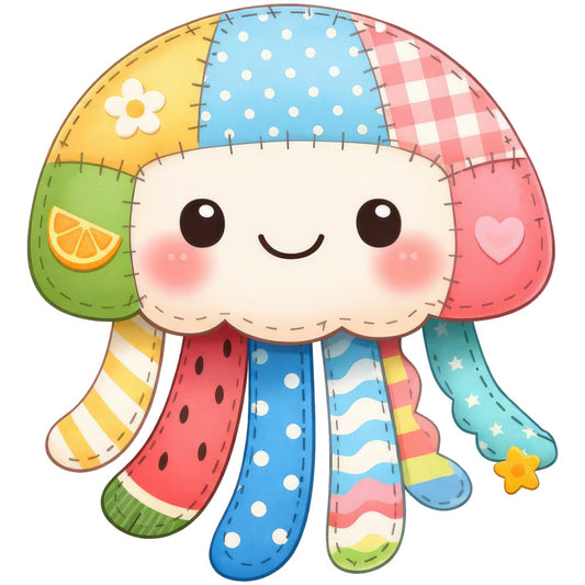 jellyfish, cute, whimsical, colorful, pastel, yellow, blue, pink, coral pink, sky blue, soft green, lime green, polka dots, stripes, checkered, plaid, hearts, flowers, stars, playful, child-friendly, nursery, baby, springtime, cheerful, patchwork, kawaii, embroidered look, decorative motifs, children's theme