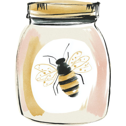 honey bee, bee illustration, mason jar, black and gold, gold accents, cream background, dusty rose, soft pink, nature, insects, botanical, whimsical, modern, watercolor style, spring, summer, honeycomb, garden theme, bee keeper, children's, baby friendly, decorative, hand drawn, sketch style, charming, delicate wings, striped bee, yellow and black, cottage core, farmhouse style