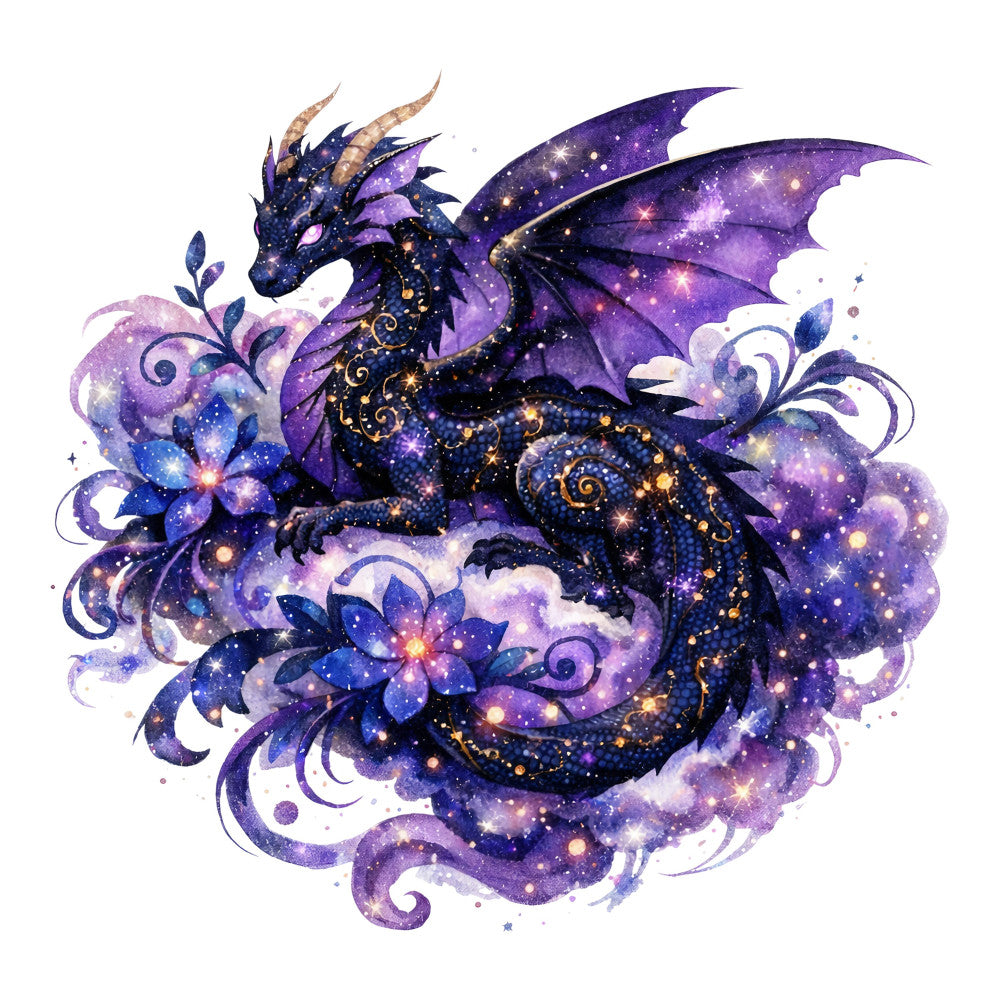 deep purple, navy blue, gold accents, celestial, dragon, fantasy, cosmic, stars, sparkle, magical, whimsical, mystical, galaxy, space, elegant, ornate, dark academia, enchanted, constellation, luminous, glowing, ethereal, midnight blue, lavender, decorative scrolls, majestic, magical creatures, dreamy, midnight garden, wall hanging