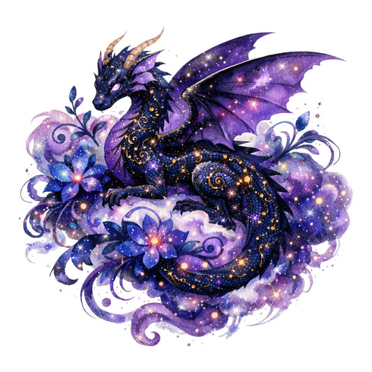 deep purple, navy blue, gold accents, celestial, dragon, fantasy, cosmic, stars, sparkle, magical, whimsical, mystical, galaxy, space, elegant, ornate, dark academia, enchanted, constellation, luminous, glowing, ethereal, midnight blue, lavender, decorative scrolls, majestic, magical creatures, dreamy, midnight garden, wall hanging
