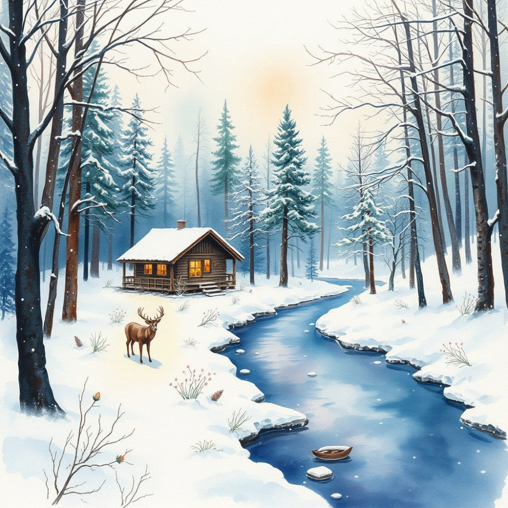 winter landscape, snow scene, cabin, forest, evergreen trees, deer, woodland animals, frozen stream, blue water, cozy cottage, snowy wilderness, rustic, nature, holiday, christmas, winter, cream white, forest green, deep blue, warm gold, cabin windows, peaceful, scenic, farmhouse style, mountain lodge, winter wildlife, snow-covered trees, wintry scenery