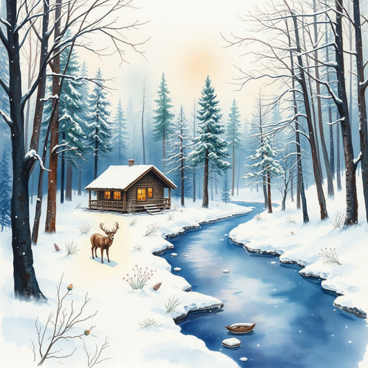 winter landscape, snow scene, cabin, forest, evergreen trees, deer, woodland animals, frozen stream, blue water, cozy cottage, snowy wilderness, rustic, nature, holiday, christmas, winter, cream white, forest green, deep blue, warm gold, cabin windows, peaceful, scenic, farmhouse style, mountain lodge, winter wildlife, snow-covered trees, wintry scenery
