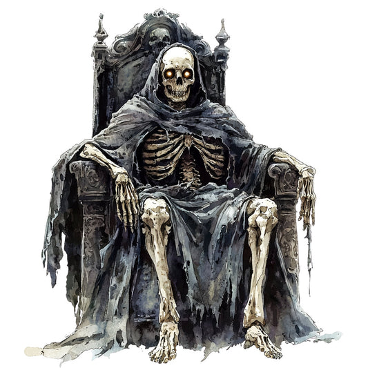 skeleton, grim reaper, death, skull, bones, gothic, dark gray, charcoal, cream, gold accents, haunting, spooky, halloween, macabre, vintage gothic, ornate throne, memento mori, dark fantasy, horror theme, eerie, dramatic, moody, black and white, metallic gold, baroque, victorian gothic, supernatural, dark art, october, autumn