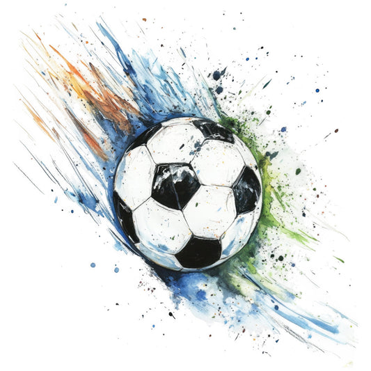 soccer, watercolor, abstract, sports, ball, splatter, paint splatter, modern, dynamic, energetic, blue, orange, yellow, green, black, white, artistic, contemporary, boys, kids, youth, athletic, game day, team spirit, colorful, ink splash, expressive, casual, fun
