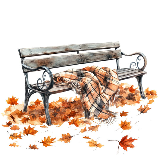 autumn leaves, fall foliage, bench, cozy blanket, orange, rust, brown, cream, tan, nature, seasonal, autumn theme, fall decor, plaid blanket, fringed shawl, park scene, rustic, vintage style, earth tones, warm colors, leaf motifs, maple leaves, fall colors, home decor, wall hanging, autumn aesthetic, peaceful, nostalgic, woodland theme