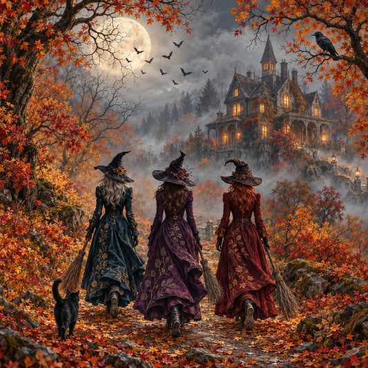 autumn, fall, halloween, witches, witch hats, gothic, dark academia, moody, spooky, supernatural, magical, enchanted, haunted house, victorian, elegant, dramatic, mysterious, burgundy, deep purple, forest green, cream, gold accents, full moon, bats, crows, ravens, ornate dresses, gowns, nature, trees