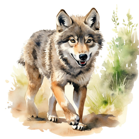wolf, watercolor painting, gray wolf, brown tones, green foliage, amber eyes, natural habitat, wildlife art, fabric panel, quilting cotton, forest scene, earth tones, beige background, botanical elements, realistic animal, nature inspired, soft brushstrokes, wilderness theme, hunting pose, outdoor setting