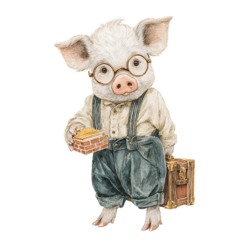 pig, white pig, cream, tan, gold, forest green, denim blue, vintage, whimsical, anthropomorphic, dressed animals, adorable, children's illustration, storybook, farmhouse, rustic charm, animal character, glasses, gentleman pig, suitcase, brick, retro illustration, classic children's, woodland, nursery, baby quilt, playful, sweet, endearing character