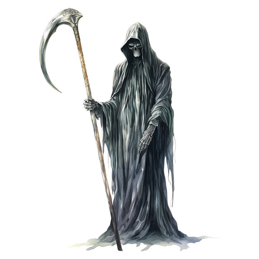 grim reaper, skull, skeleton, dark gray, charcoal, black, white, gothic, halloween, death, spooky, scary, horror, fantasy, supernatural, dark fantasy, skeletal, hooded figure, reaper, creepy, elegant, dramatic, monochromatic, grayscale, dark aesthetic, celestial dark, macabre, wall hanging, home decor, dark romance