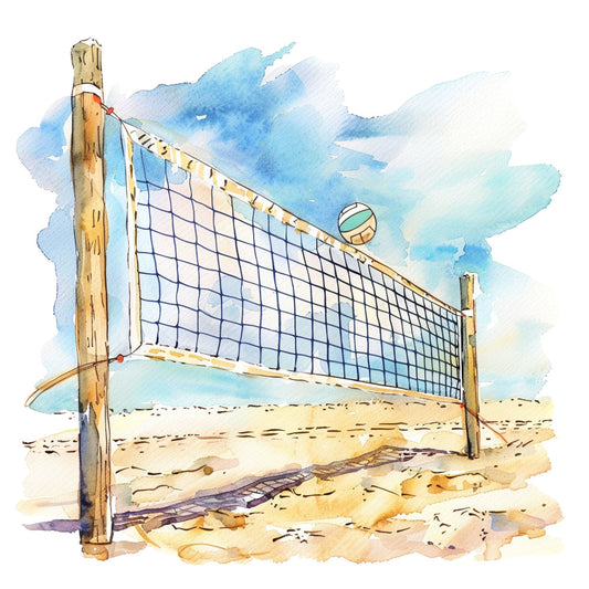 beach volleyball, coastal, sky blue, sandy tan, cream, aqua, turquoise, watercolor, sports, outdoor recreation, summer, beach theme, nautical, scenic landscape, realistic illustration, casual style, athletic, sand dunes, cloud pattern, leisure activity, vacation, seaside, entertainment, recreational sport, modern watercolor, nature scene, travel theme, beige, light blue, sandy beach